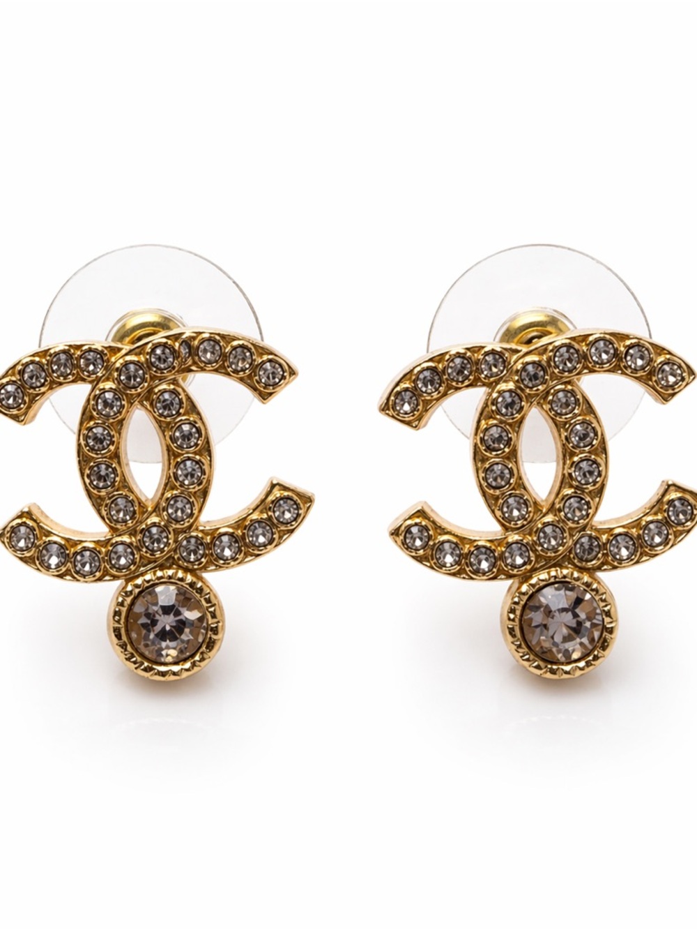 CHANEL Gold-Tone Crystal CC Logo Earrings with Round Drop - Pristine Condtion